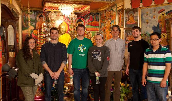 At the Khmer Buddhist Temple, Utica, from left Allie Goodman, Lewis Leone, Alex Potoczak, Jaclyn Kogler, Jacob Trahan, Professor Plate, and Sokhom Teng from the temple.